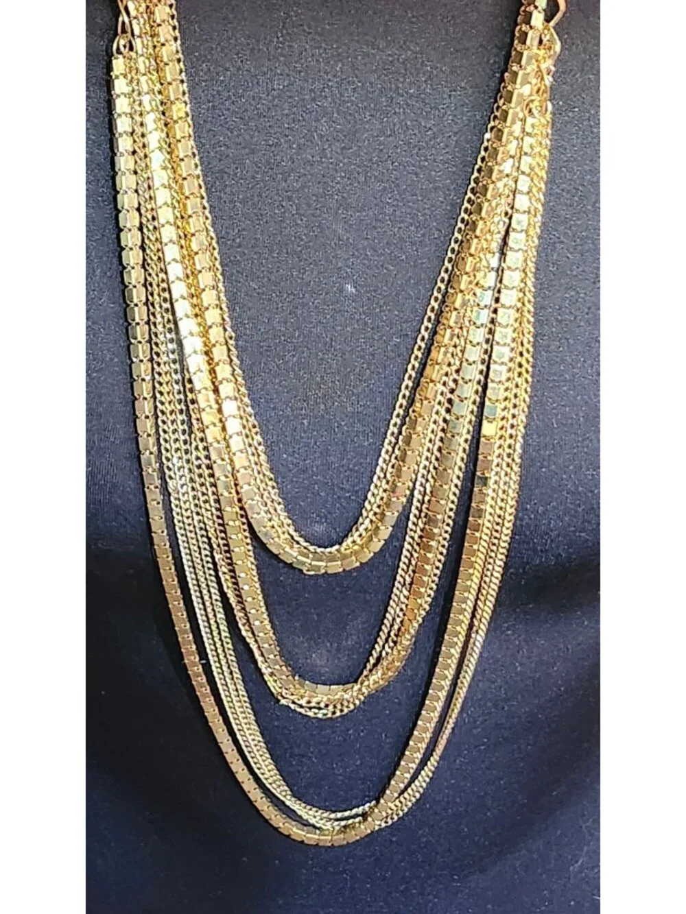 Vintage 1980s Multi Strand Gold Tone Necklace Block & Link Chains Disco Flapper